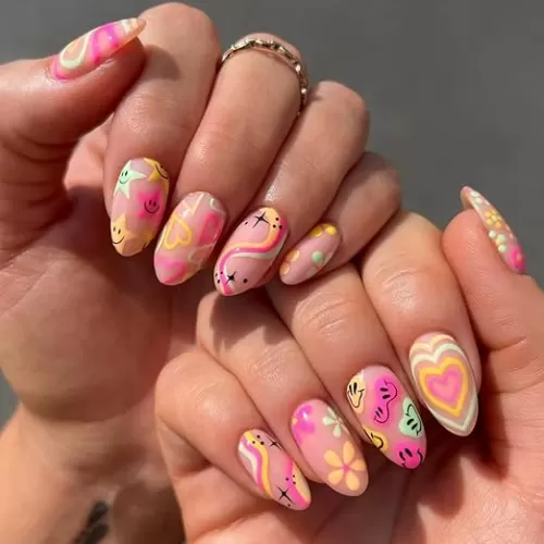 Colorful Press on Nails Short Medium Almond Fake with Star Smile Designs Flower Stick Gradient Love Heart False Rainbow Full Cover Acrylic Glue 24 Pcs (Colorful-13, Nails-13)