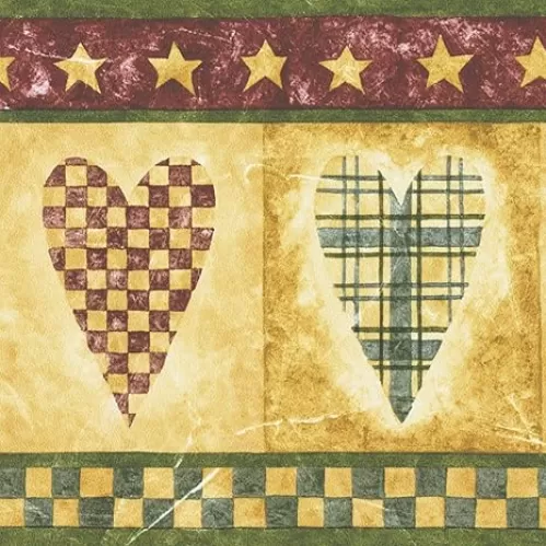 CONCORD WALLCOVERINGS ™ Wallpaper Border Vintage Pattern Checkered Striped Hearts Stars for Kid