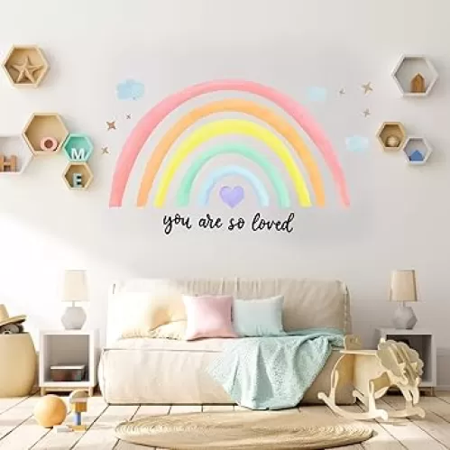 Containlol 30 x 14 Inch Rainbow Wall Decal Pastel Large Heart Wall Stickers Decor Peel and Stick, Boho Wallpaper Decor for Girls Kids Bedroom Nursery Playroom(Light Color, Lively)