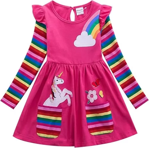 Cotton Toddler Girls Dress Flower Rainbow Outfits Short Sleeve Unicorn Dresses 2-7 Years