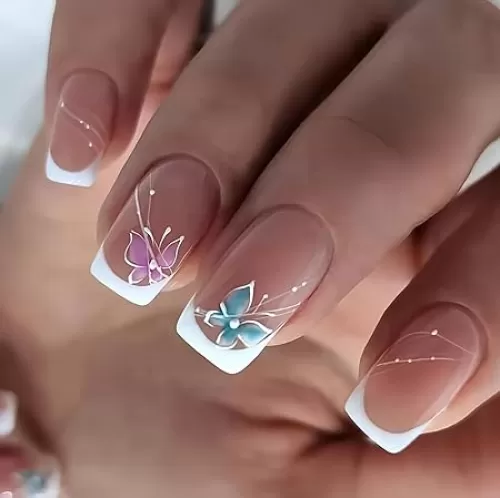 Curvlife Short Press on Nails, 30pcs Acrylic Fake Nails with Design Butterfly Style Full Cover False Nails for Women Reusable Kit with Nail Glue Adhesive Tabs Nail File