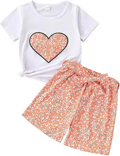 Cute Girl Heart Pattern Printed Short Sleeve Top + Printed Belt Shorts Summer 2-Piece Set