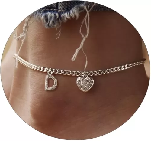 Dainty Silver Initial Heart Anklets for Women Personalized Sparkle Ankle Bracelets Simple Letter Anklet Everyday Jewelry Gift for Her