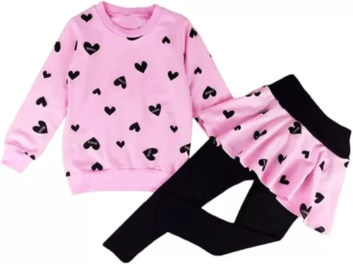 DDSOL Little Girls Valentines Outfit Heart Print Sweatshirt Top Long Pantskirts 2pcs Baby Pant Set for Toddlers Kids