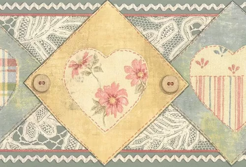 Dundee Deco BD6134 Prepasted Wallpaper Border - Kids Green, Brown, Pink Hearts, Flowers Wall Border Retro Design, 15 ft x 7 in (4.57m x 17.78cm)