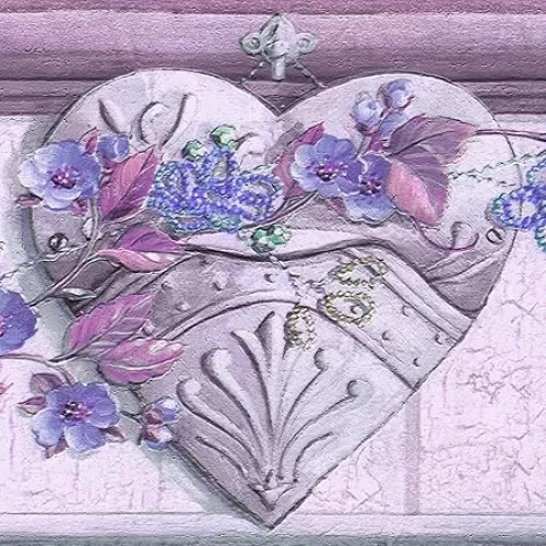 Dundee Deco Wallpaper Border Peel and Stick DDAZBD9477 - Floral Purple Violet Flowers Hearts Wall Border Retro Design, 15 ft x 7 in (4.57m x 17.78cm), Self Adhesive