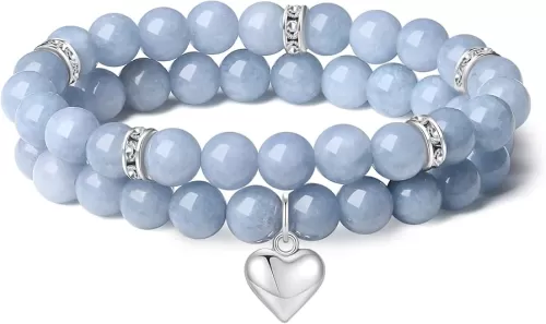 DUQGUHO Heart Bracelet for Women Healing Crystals Bracelets 8mm Love Charm Bracelet for Women Natural Stone Stretch Beads Bracelet Gifts for Women 2Pcs