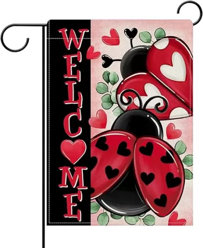 Dyrenson Welcome Valentines Ladybug Decorative Garden Flag, Red Love Hearts Yard Outside Home Decorations, Anniversary Wedding Burlap Outdoor Small Decor Double Sided 12 x 18