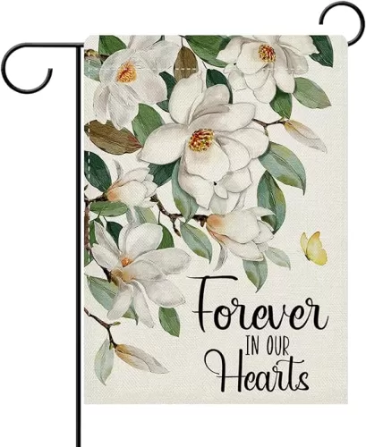 Dyrenson White Magnolia Memorial Decorative Garden Flag, Forever in Our Hearts Flowers Yard Outside Cemetery Home Decorations, Spring Summer Floral Butterfly Outdoor Small Decor Double Sided 12 x 18