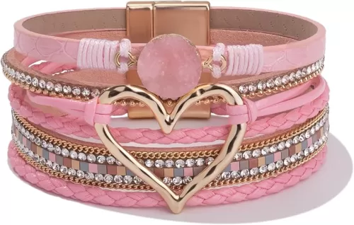 FANCY SHINY Heart Leather Wrap Bracelets Stackable Boho Cuff Bangles Trendy Resin Stone Rhinestone Bracelets with Magnetic Clasp for Women Mother Gift Jewelry