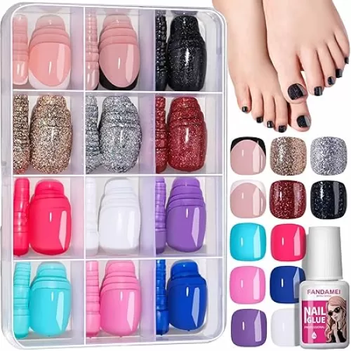 FANDAMEI Press on Toe Nails, 12 Colors 288PCS Press on Toenails Short Square, 4 Glitter Press on Toenails Full Cover, 6 Glossy False Toenails for Feet, 2 Press on Toenails French Tip for Nail