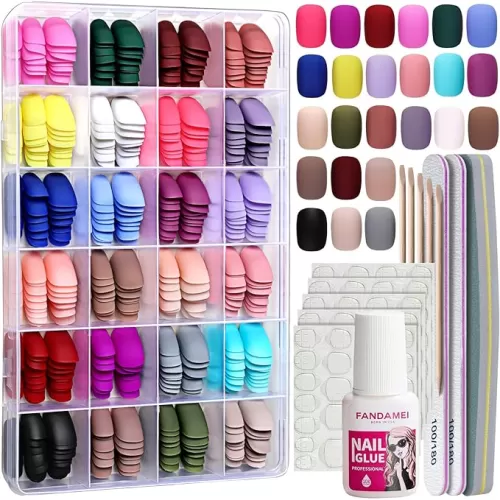 FANDAMEI Short Press on Nails, 24 Packs 576PCS Short Round Press on Nails Matte, Acrylic Small Fake Nails Full Cover, Matte Glue on Nails with 7g Nail Glue, 24 Color False Nail for Small Nails