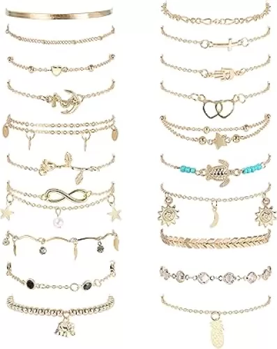 FASACCO 20Pcs Ankle Bracelets for Women Adjustable Beach Anklet Set Surfer Anklet Heart Star Turtle Infinite Anklets Foot Jewelry