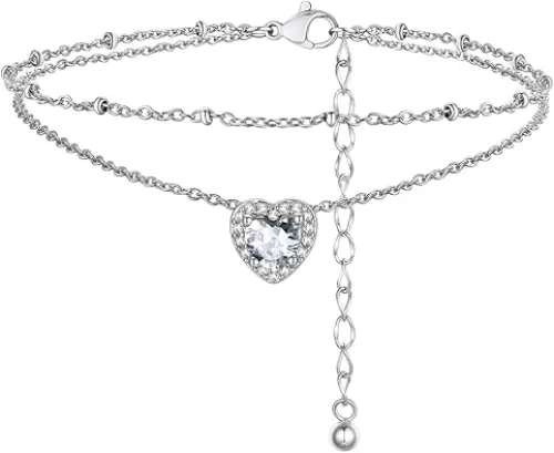 FindChic Bling Heart Birthstone Anklets Layered Beaded Ankle Bracelets for Women Gold/Black/Silver 12 Month Gem Colors Foot Chain Summer Jewelry for Girls, with Gift Box