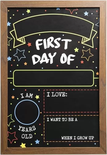 First Day Last Day of School Double Sided Sign with Frame (Reusable Dry Erase Board for Liquid Chalk Markers - 9.17" x 13.27")