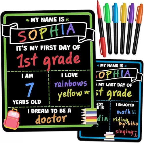 First Day of School Sign Board with Liquid Chalk Markers - 14”x11” Double-Sided & Reusable - My First and Last Day - Back to School Supplies Board for Kindergarten, Preschool
