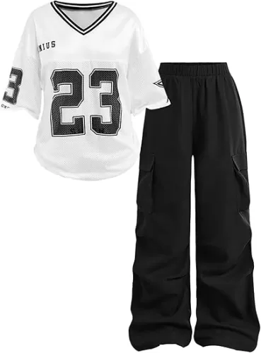Floerns Girl's 2 Piece Outfit V Neck Short Sleeve Jersey Shirt and Cargo Pants Set