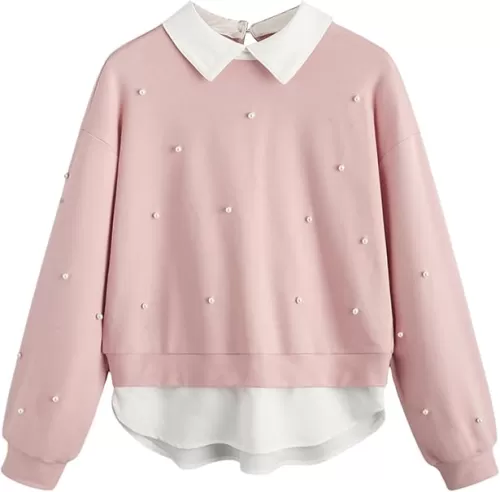 Floerns Girl's Pearls Long Sleeve Contrast Collar Shirt Asymmetrical Hem Pullover Sweatshirt