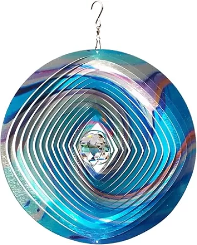 FONMY Mandala Wind Spinner w/Crystal Ball 3D Stainless Steel Hanging Wind Spinner Worth Gift Christmas Decoration Indoor/Outdoor Garden Décor Kinetic Yard Art 12 Inches Multi Blue Wind Sculpture