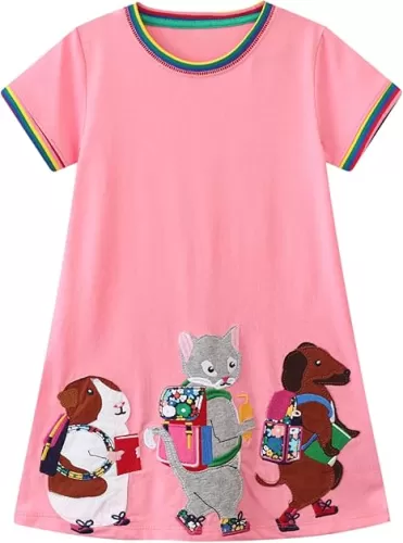 FreeLu Toddler Girls Striped Summer Dress Cartoon Appliques Dresses Girls Cotton Casual Clothing 2-7Y
