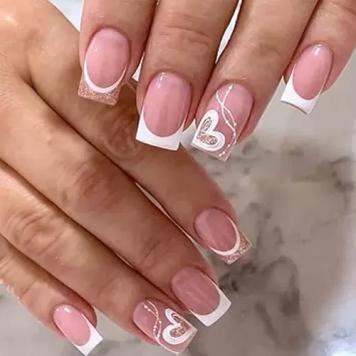 French Tip Press on Nails Medium LOVE Fake Nails Square Bling Glossy White False Nail Tips Artificial Finger Manicure for Women and Girls, 24pcs