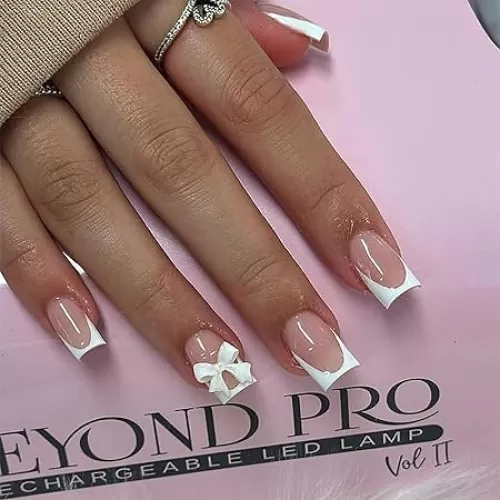 French Tip Press on Nails Short Square Fake Nails Nude False Nails with 3D Resin Bow Charm Designs Glossy White French Glue on Nails Cute Bow Stick on Nails for Women Girls 24Pcs