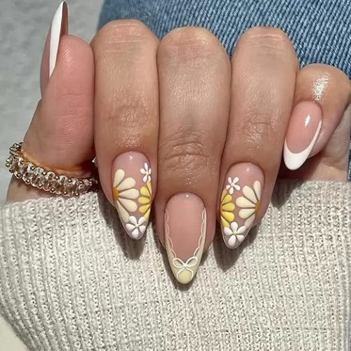 French Tip Press On Nails Spring Summer Acrylic Nails for Women - Yellow Flower Designer Fake Nails Short Almond 24Pcs, Outdoor Picnic/Wedding/Party Reusable Glue On Stick On Nails