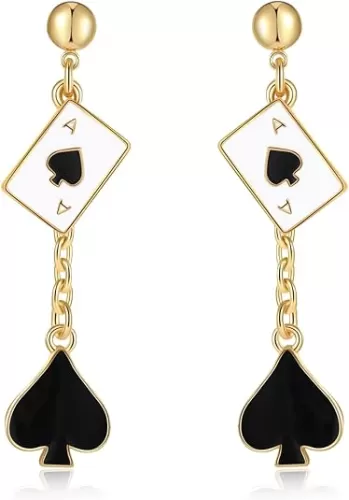 Funky Poker Earrings for Women Gold Hearts Spades A Ace Playing Cards 18K Gold Plated Dangle Drop Earrings for Women Gambling Casino Jewelry Gift