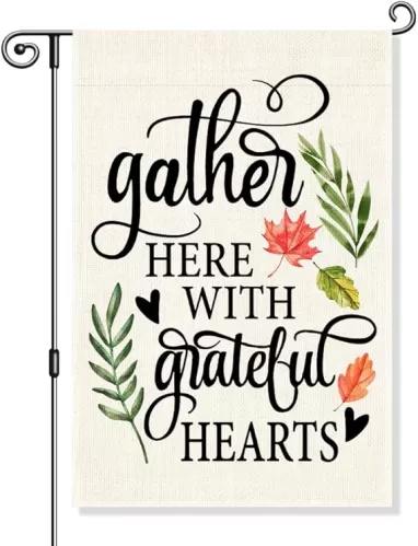 Gather Here with Grateful Hearts Garden Flag, Funny Floral Welcome Yard Flag for Outside, Inspirational Flag Porch House Fall Summer Decor, Thanksgiving Hostess Housewarming Appreciation Gifts