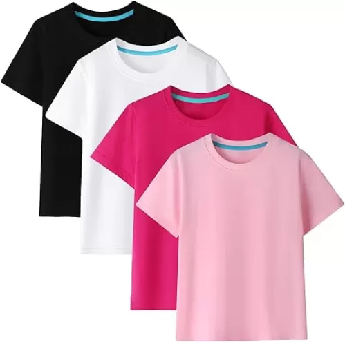 Gihuo Boys Girls Cotton T-Shirts Basic Crew Neck Short Sleeve Tees 4 Pack Multipack for Kids 5-12 Years​​