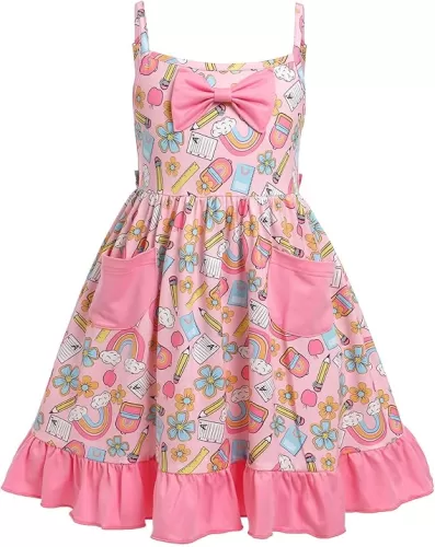 Girl Back to School Dress Apple Pencil School Bag Rainbow Book First Day of School Picture Day Outfits with Pocket