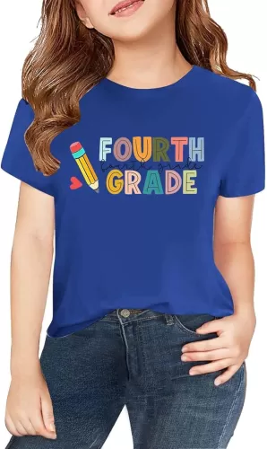 Girls Back to School Short Sleeve Graphic T-Shirts, Cute Pattern Forth Grade Tee Shirt First Day of School Clothes