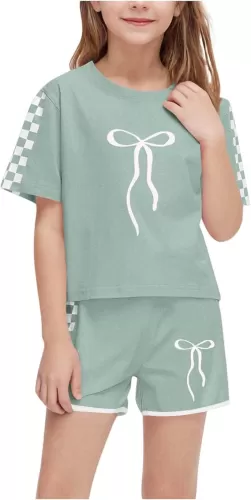 Girls Bow Print Cute Loose Crewneck Tshirt + Shorts 2 Pieces Summer Plaid Short Sleeve Sweatsuit Outfits for 5-14 Years