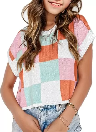 Girls Fall Crop Tops 2025 Cute Cap Sleeve Spring Summer Colorblock Loose Kids Knit Winter Sweaters Top