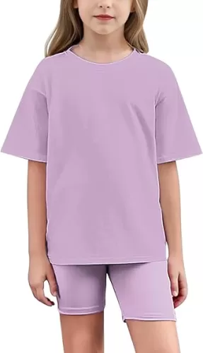 Girls Loose Tracksuit Sets Summer 2 Piece Outfits Short Sleeve Casual T-Shirt and Biker Shorts for Kids 5-15 Years