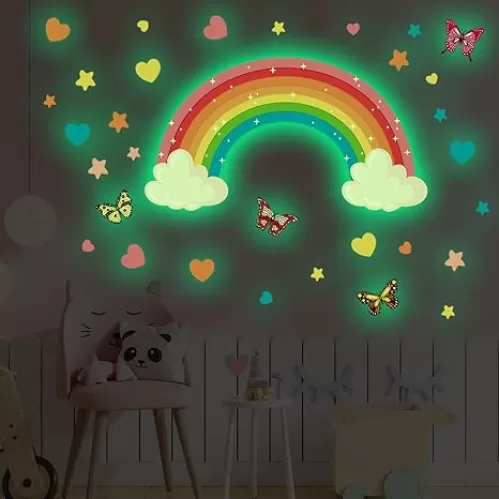 Glow in The Dark Large Rainbow Wall Decals Removable Star Butterfly Heart Sticker Glowing Rainbow Wallpaper Watercolor Vinyl Sticker for Nursery Teen Bedroom Decoration