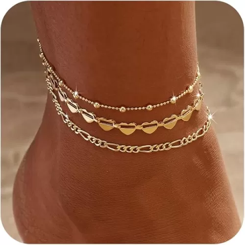 Gold Ankle Bracelets for Women Waterproof, 14k Gold Plated Anklet Set Stackable Dainty Anklets Summer Beach Gift