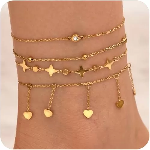 Gold Ankle Bracelets for Women Waterproof Dainty Gold Charm Link Chain Anklets Set for Women CZ Evil Eye Star Pearl Beaded Adjustable Anklets Beach Foot Jewelry Gifts