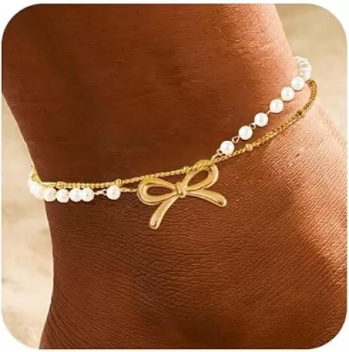Gold Anklets Ankle Bracelets for Women Waterproof 18K Gold Plated Beads Link Bow Shell Starfish Pearl Butterfly Pendant Women Beach Jewelry Gift Adjustable Size