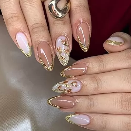 Gold French Press on Nails Medium Almond Fake Nails with Designs Flower Glue on Nail Nude Pink Acrylic False Nail Glossy Artificial Nail Full Cover Stick on Nails for Coquette Women