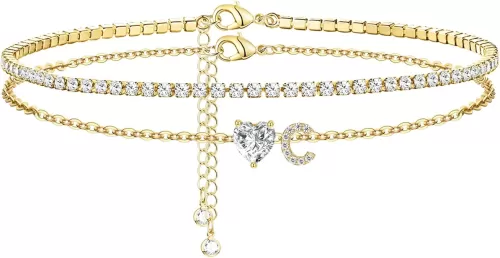 Gold Initial Ankle Bracelets for Women 14K Gold Plated CZ heart Tennis Anklets for Women Waterproof Layered Adjustable Letter Anklets Large Ankle Summer Beach Foot Jewelry