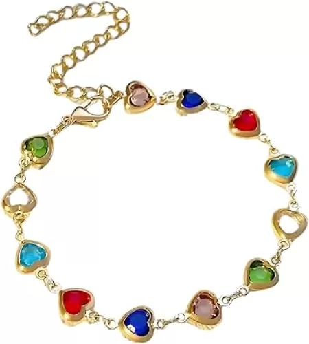 Gold Plated Heart Colorful Charm Bracelet, Clover Bracelet, 12 Synthetic Gemstones, Dainty Jewelry for Women, lightweight & comfortable, Use at Any Occasion, 1 Count