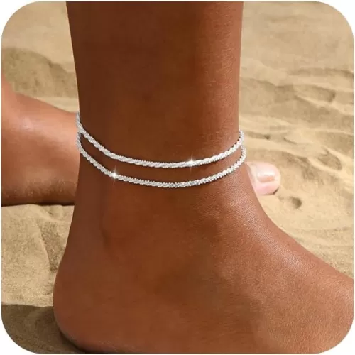Gold/Silver Ankle Bracelets for Women, 14K Gold/Silver Plated Dainty Layered Anklets for Women Trendy Bow Cuban Link Heart Beads Herringbone Rhinestone Anklets Set Gold Jewelry Gift