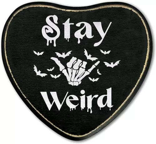 Gothic Heart Wood Sign, Stay Weird Sign, Retro Gothic Wooden Wall Art, Skeleton Horror Wood Plaque Decor, Birthday Halloween Gifts for Women Men Friends Family Couples -24