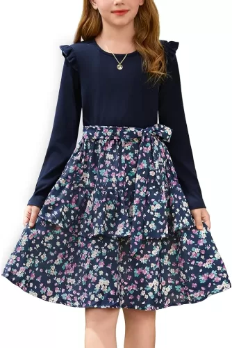 GRACE KARIN Girls Long Sleeve Fall Dresses Solid Ruffle Floral Tiered Midi Dress with Belt for 6-13 Years Kids
