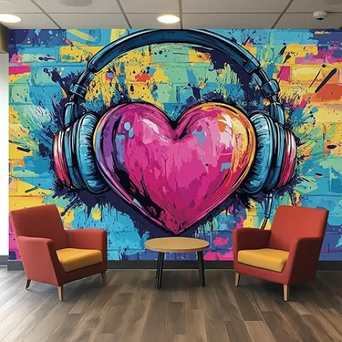 Graffiti Heart Wall Mural Peel and Stick, Modern Colorful Street Art Design Wallpaper Self Adhesive Removable, Pop Music Urban Headphone Wall Decor for Living Room Bedroom - 144" x 100"
