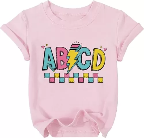 Happy First Day of School Shirt Kids Funny Back to School Tees for Girls Cute Children ABCD Letter Tshirt Gift Outfits