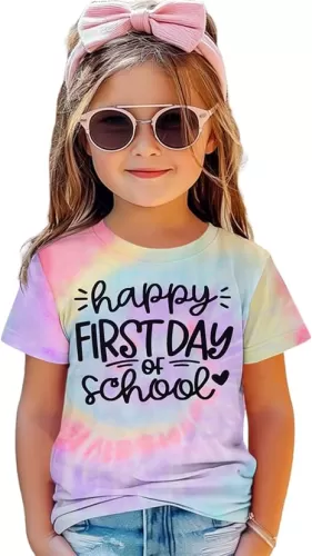 Happy First Day of School Shirt Kids Toddler Girls Back to School Outfit T-Shirt Tie Dye Short Sleeve Tee Top 3-10Y