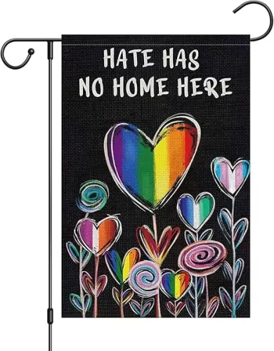 Hate Has No Home Here Pride Garden Flag 12x18 Double Sided Burlap, Small Rainbow Love Heart Gay Lesbian LGBT Pansexual Yard Sign Banner for Porch Outdoor Decor