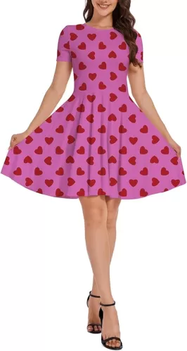 Heart Dress Women Valentines Love Day Outfits Short Sleeve Trendy Swing Dresses